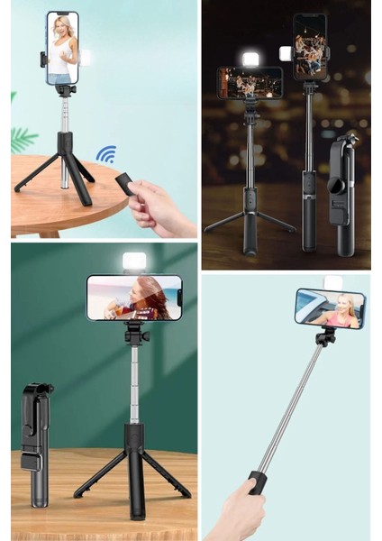 Kendiliğinden Işıklı Masaüstü Tripod Olabilen Telefon Tutuculu Kablosuz Kumandalı Selfie Çubuğu indirimleri