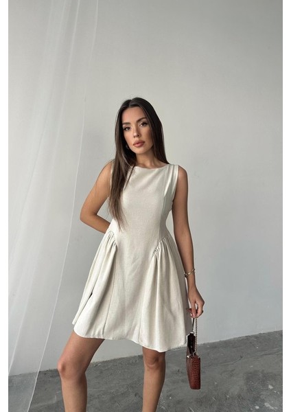 Bej Mini Boy Büzgülü Keten Elbise fırsatları