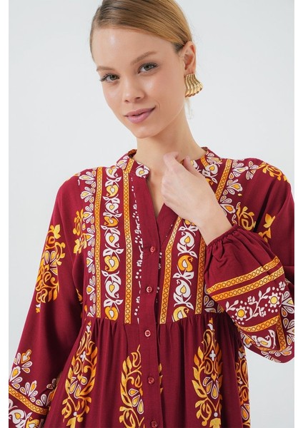 2423 Otantik Desenli Tesettür Elbise - E. Bordo modelleri