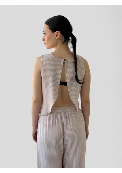 Sırtı Açık Kısa Bluz Üst Kadın Krem