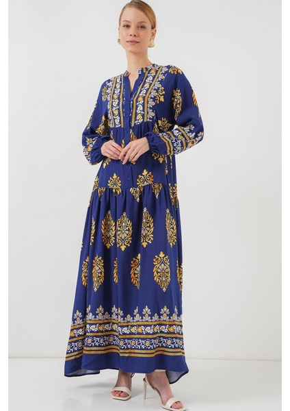 2423 Otantik Desenli Tesettür Elbise - Lacivert 6 fiyatları