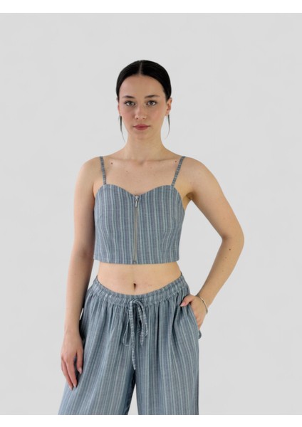 Tasarım Önden Fermuarlı Büstiyer Kadın Kül Mavi