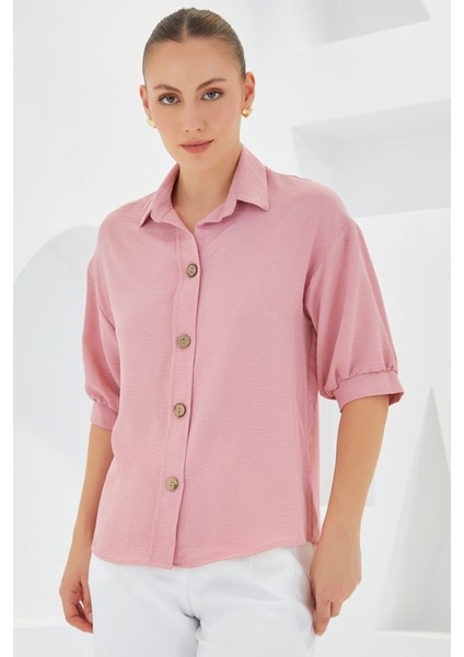 Pembe Kısa Kol Oversize Keten Gömlek 20240