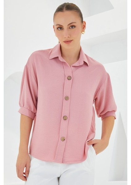 Pembe Kısa Kol Oversize Keten Gömlek 20240 fiyatları