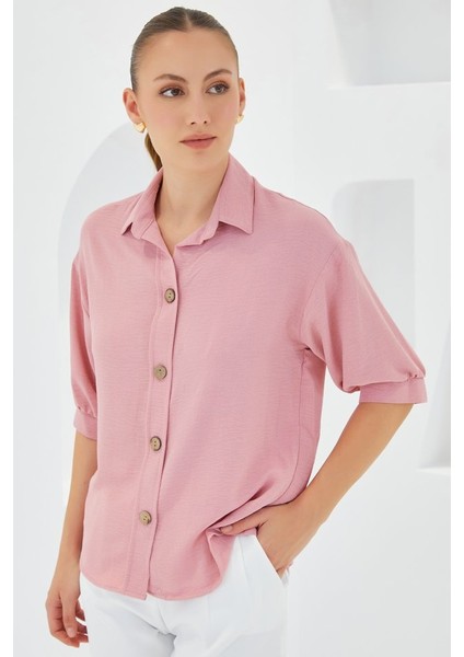 Pembe Kısa Kol Oversize Keten Gömlek 20240 modelleri