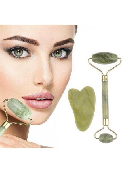 Çift Taraflı 2li Cilt Yüz Masaj Aleti Jade Roller Yeşim Taşı Seti