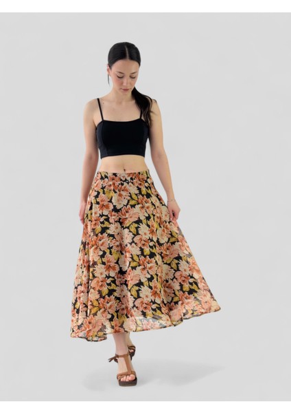 Çiçek Desenli Valerie Şifon Kloş Astarlı Uzun Etek Kadın Taba