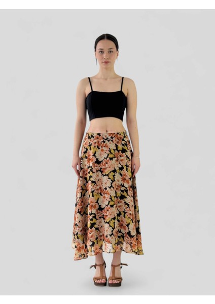 Çiçek Desenli Valerie Şifon Kloş Astarlı Uzun Etek Kadın Taba fiyatları