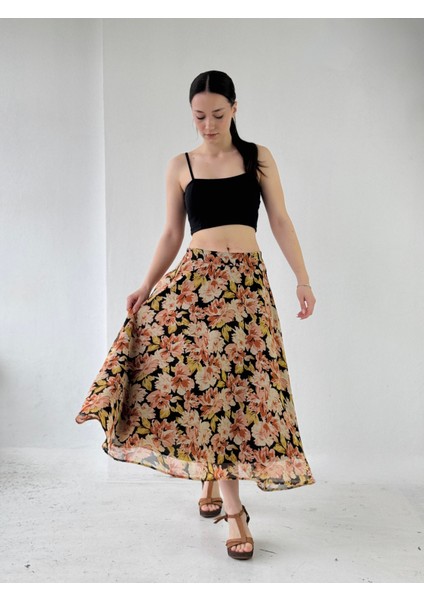 Çiçek Desenli Valerie Şifon Kloş Astarlı Uzun Etek Kadın Taba fırsatları