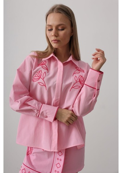 Nakış Detaylı Etekli Takım - Pembe