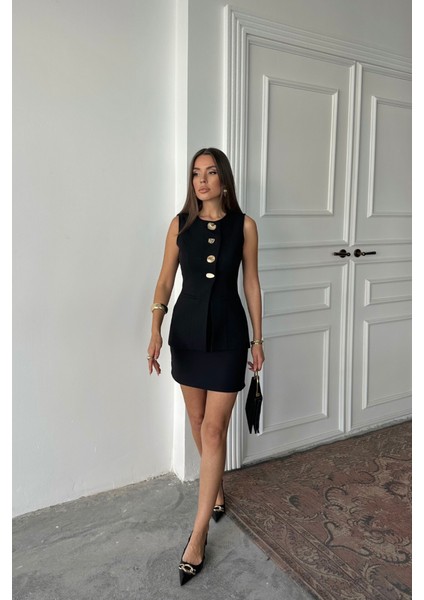 Miracotton Klasik Gold Düğmeli Yelek - Kısa Etek Takım - Siyah modelleri