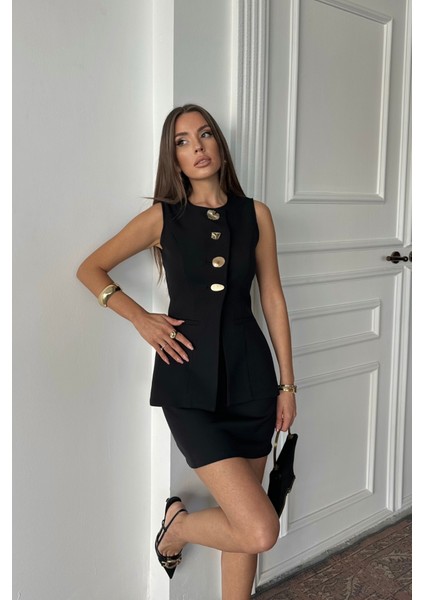 Klasik Gold Düğmeli Yelek - Kısa Etek Takım - Siyah fırsatları