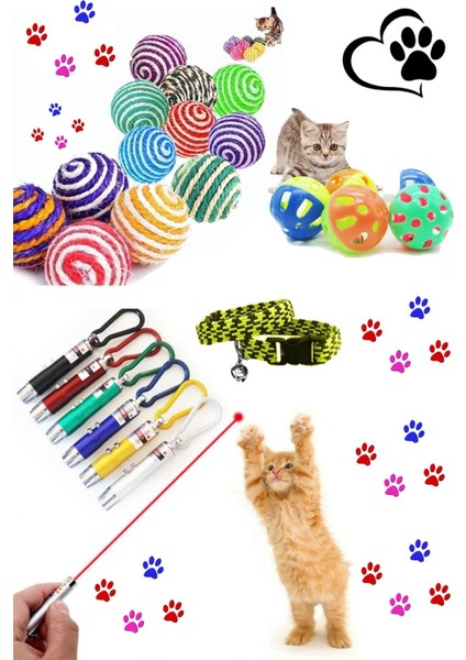 Luxury Pet Kedi Ip Sarma Topu , Kedi Oyun Lazeri , Çıngıraklı Top ve Elastik Tasma Seti 1 Adet