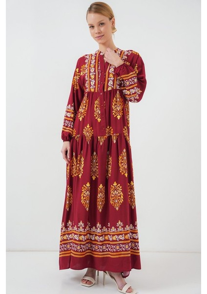 2423 Otantik Desenli Tesettür Elbise - E. Bordo fırsatları
