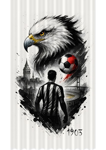 Çocuk ve Bebek Odası Siyah Beyaz Taraftar Futbol Serisi Fon Perde Tek Kanat (Curtaın)