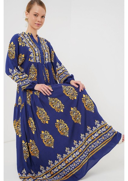 2423 Otantik Desenli Tesettür Elbise - Lacivert 6