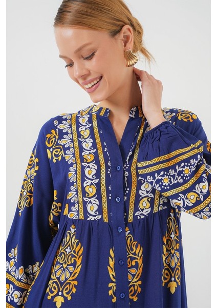 2423 Otantik Desenli Tesettür Elbise - Lacivert 6 modelleri