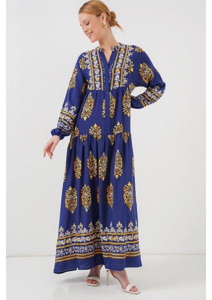 2423 Otantik Desenli Tesettür Elbise - Lacivert 6 fırsatları