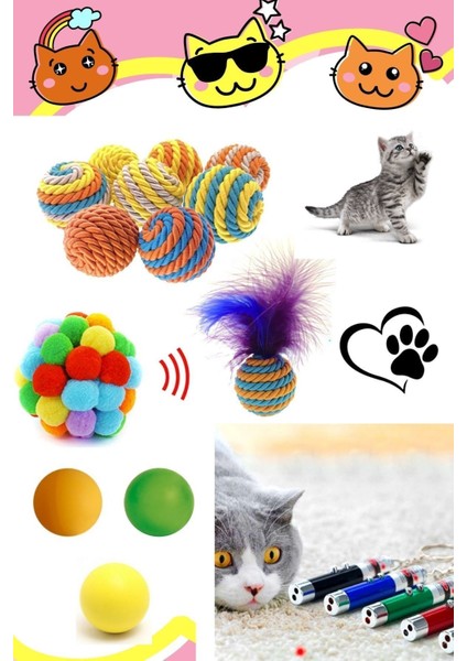 Luxury Kedi Ip Sarma Top , Tüylü Top , Ponpon Top , Lazer , 3 Lü Renkli Top , 7'li Kedi Oyun Seti 1 Adet