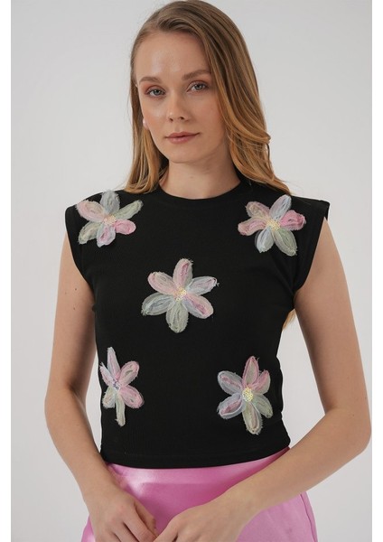 930 Kısa Kol Desenli Crop Bluz - Siyah