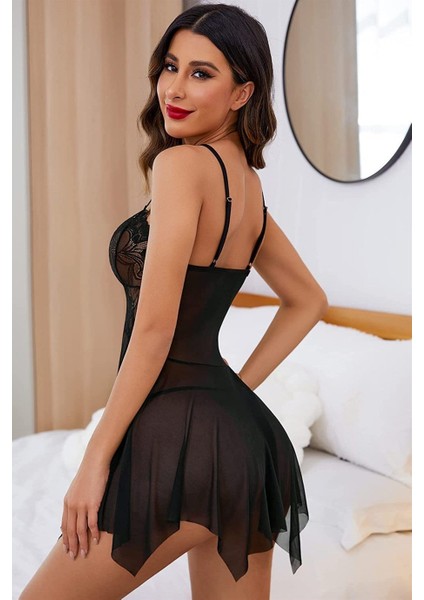 Siyah Tül Dantel Babydoll Gecelik Ön Detaylı Özel Tasarım
