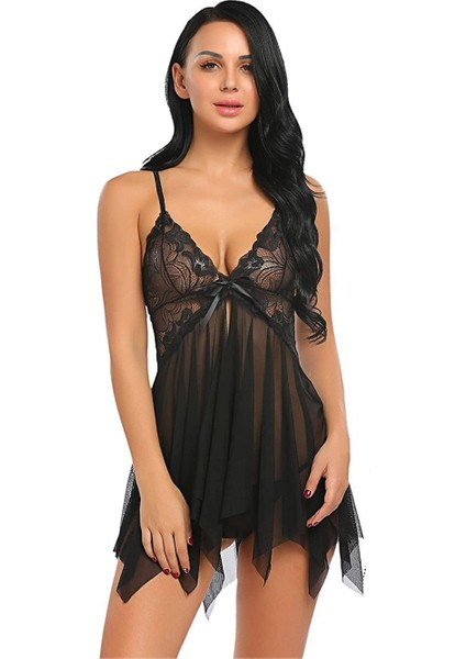 Siyah Tül Dantel Babydoll Gecelik Ön Detaylı Özel Tasarım