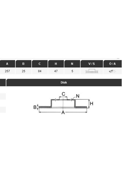 34089 Fren Diski Hıace 82-89 1,8-2,0-2,2d-2,4dhilux 83-88HILUX 97- 2,4D(257×25×5DL)ÖN Havalı Ad.