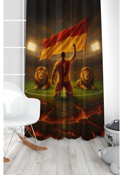 Çocuk ve Bebek Odası Sarı Kırmızı Taraftar Futbol Serisi Fon Perde Tek Kanat (Curtaın)