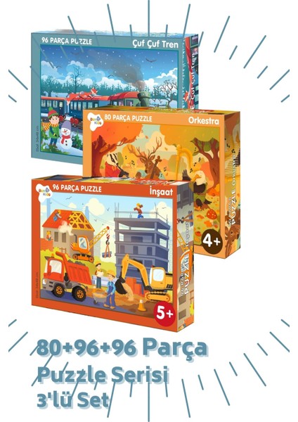 80-96-96 Parça Puzzle 3'lü Set Orkestra - Çufçuf Tren - Inşaat