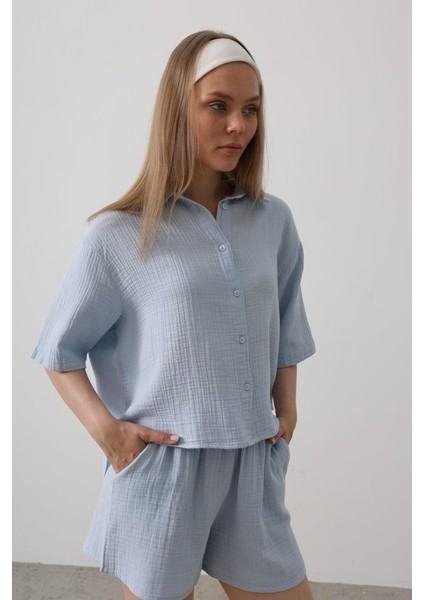 Yarım Kol Müslin Gömlek - Bebe Mavisi fiyatları