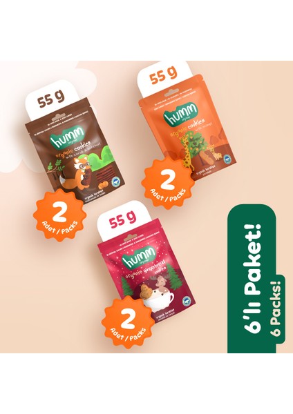 Organik Vegan Zencefilli Keçiboynuzlu ve Portakallı Tatlı Kurabiyeler Atıştırmalık Paketi - 6 Adet (3 Çeşit)