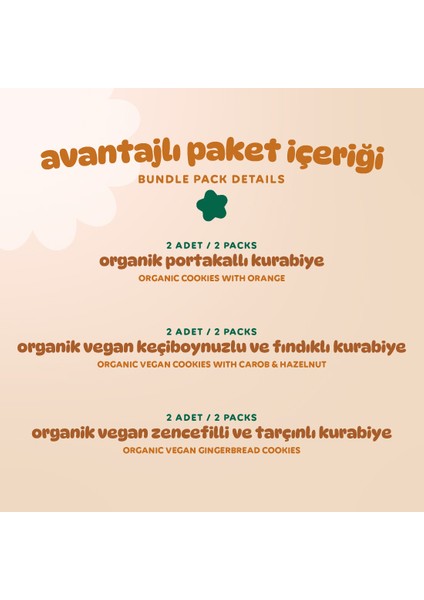 Organik Vegan Zencefilli Keçiboynuzlu ve Portakallı Tatlı Kurabiyeler Atıştırmalık Paketi - 6 Adet (3 Çeşit)