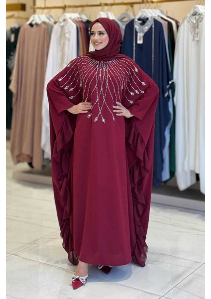 Fırfırlı Taş Detaylı Elbise 3936 Bordo