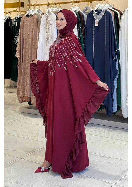 Fırfırlı Taş Detaylı Elbise 3936 Bordo modelleri