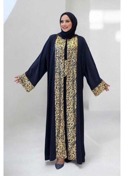 Arapça Harf Baskılı Abaya 70014 Lacivert