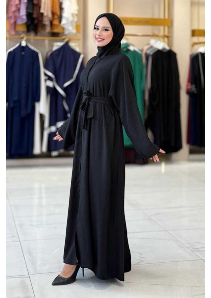 Çıt Çıt Düğmeli Bel Kuşaklı Abaya 70017 Siyah modelleri