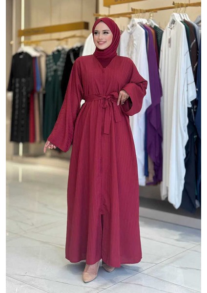 Çıt Çıt Düğmeli Bel Kuşaklı Abaya 70017 Bordo