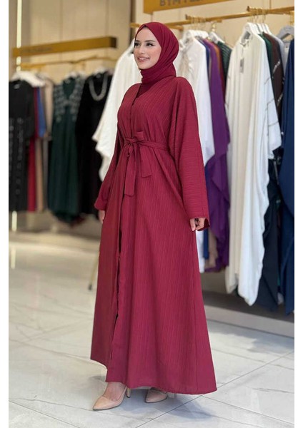 Çıt Çıt Düğmeli Bel Kuşaklı Abaya 70017 Bordo modelleri