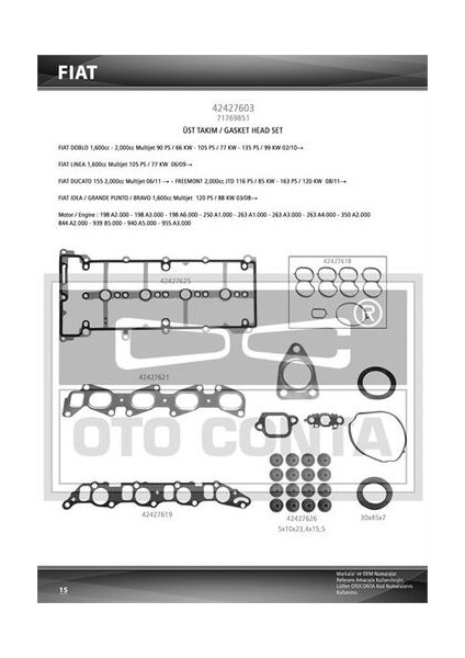 42427603 Motor Takım Conta Üst Keçeli Subap Lastikli Skcsız Doblo Linea Punto 1.6 Mtj