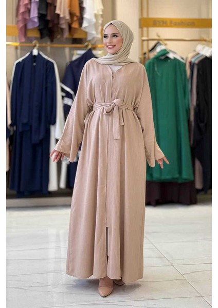 Çıt Çıt Düğmeli Bel Kuşaklı Abaya 70017 Taş