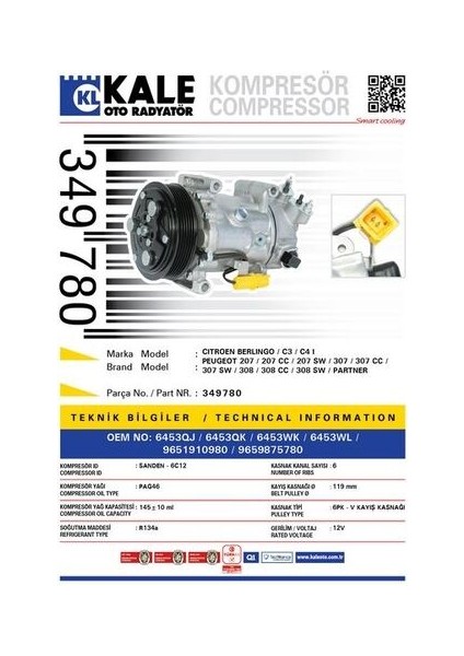 349780 Klima Kompresörü P207-C3 1.4-1.6-P307-C4 1.4-1.6-2.0-