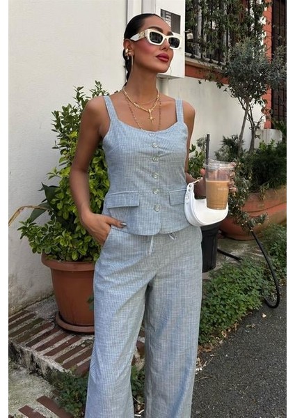 Kalın Askılı Bluz Pantolon Keten Takım 10187