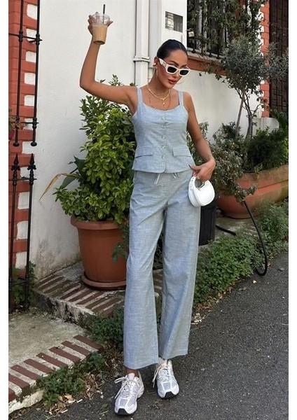 Kalın Askılı Bluz Pantolon Keten Takım 10187