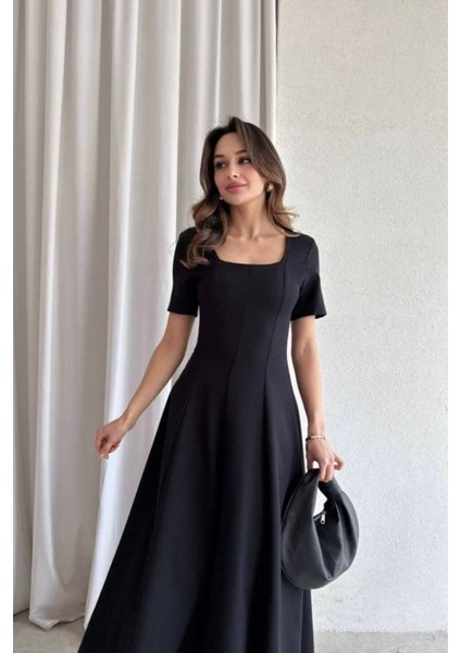Kare Yaka Kloş Maxi Boy Elbise