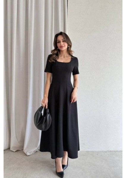 Kare Yaka Kloş Maxi Boy Elbise