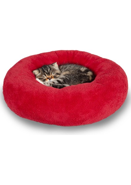 Luxury Luna, Kırmızı Donut Şeklinde, Yumuşak, Konforlu Kedi ve Köpek Yatağı 1 Adet
