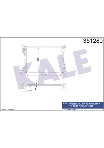 Oto Radyatör 351280 Su Radyatörü 540×416×23 Doblo Pratıco 1.4 10- Combo 1.4 12-