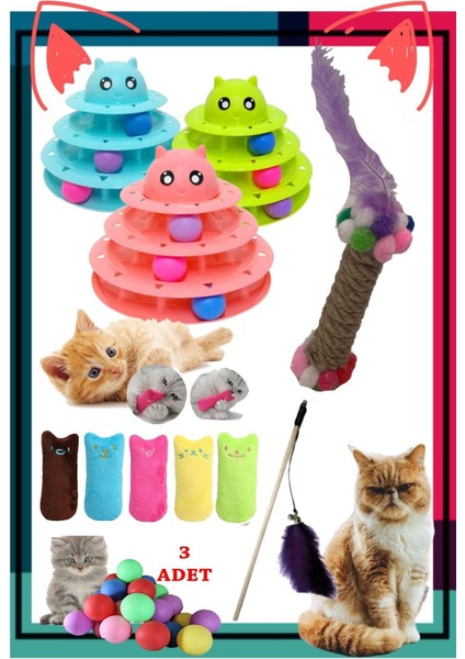 Luxury 7'li Set:kedi Nanesi Kokulu Peluş Oyuncak,3 Katlı Oyuncak , Olta , 3'lü Mini Top , Tırmalama Oyuncak 1 Adet
