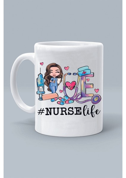 Love Nurse Life Hemşire Hayatını Seviyorum Karikatür Tasarım Baskılı Beyaz Klasik Kupa Bardak