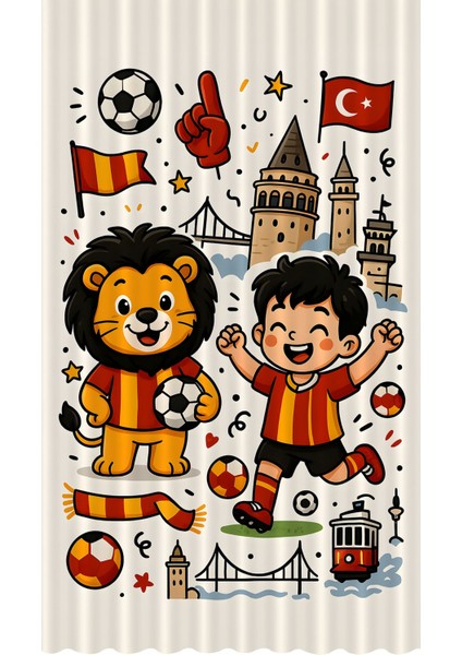 Çocuk ve Bebek Odası Sarı Kırmızı Taraftar Futbol Serisi Fon Perde Tek Kanat (Curtaın)